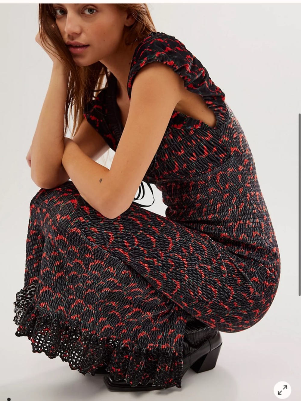 Free People Black and Red Mckenna Velvet Midi Dress